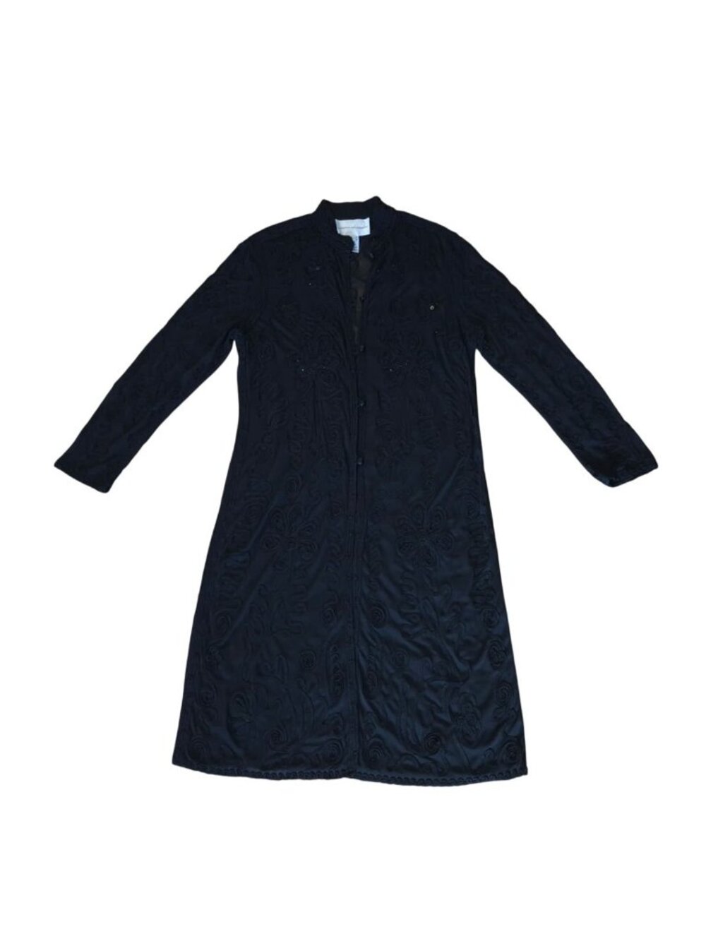 Jeanne Alexander Black Embroidered Beaded Rayon Long Duster Coat Jacket Size L